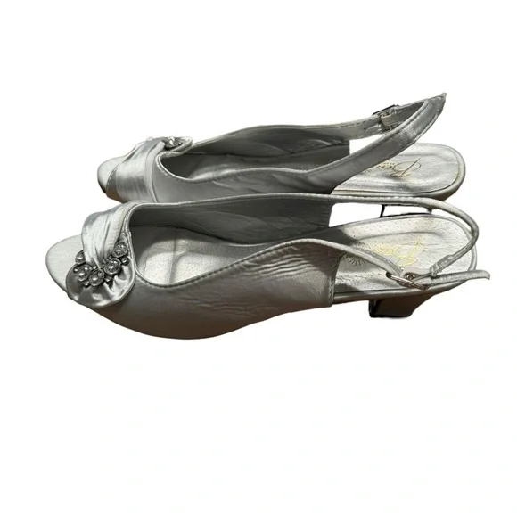 Beacon Womens Silver Satin Embellished Peep Toe Slingback Heels Size 85 - Picture 4 of 6